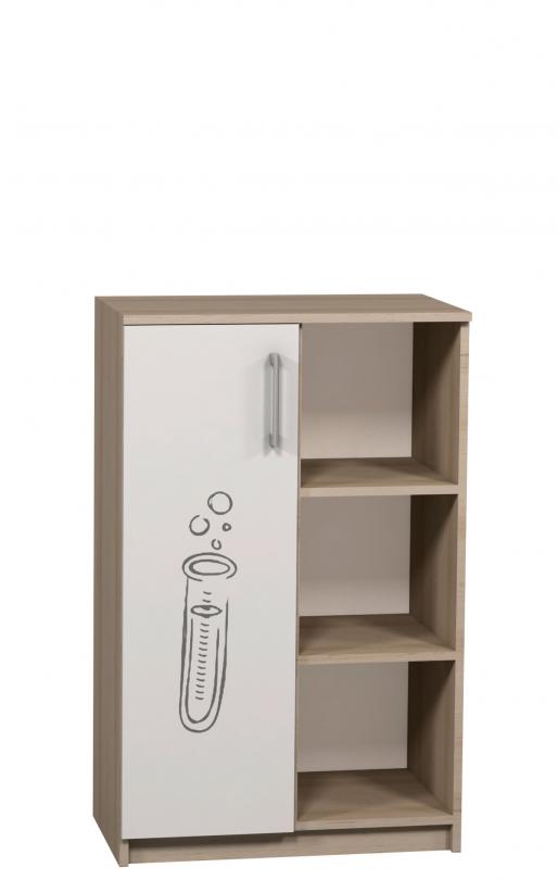 Напівзакрита шафа з фотодруком, 3 відкритих відділення та однією дверкою, з полицями, для приміщень та навчальних закладів, АЛМАНТ, 702х405х1105 мм